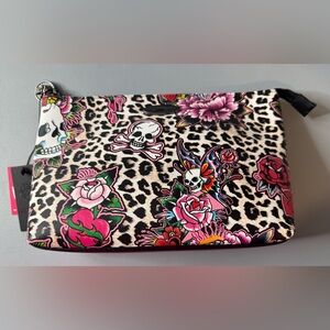 Ed Hardy Leopard Print Cosmetic Bag with Floral Skull Design large bag